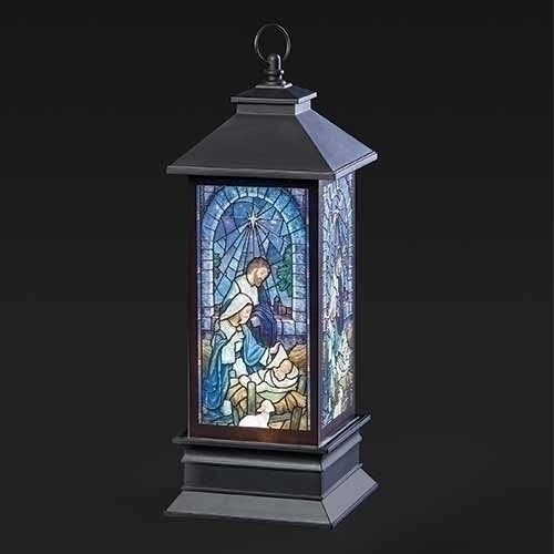 10.5"H LIGHTED SWIRL LANTERN-STAINED GLASS HOLY FAMILY
