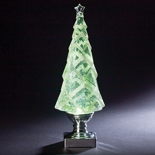 14"H LIGHTED SWIRL TREE WITH SILVER BASE, WHITE GLITTER