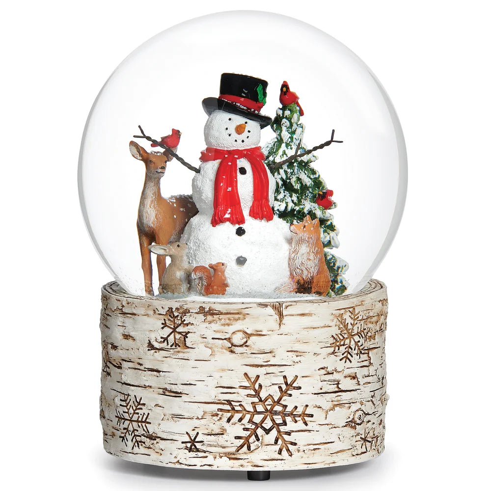 Glitterdome Musical Snowman with Birch Base & Animals - "The First Noel" Tune