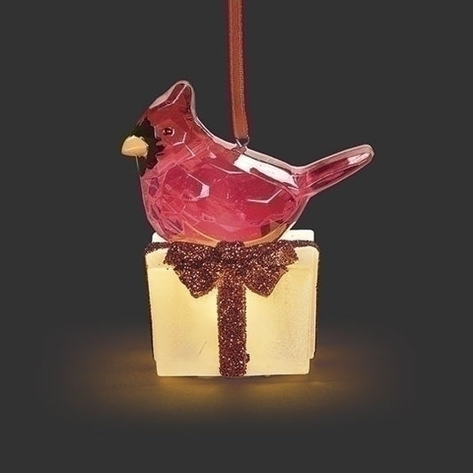 LIGHTED CRYSTAL CARDINAL FROSTED PRESENT ORNAMENT