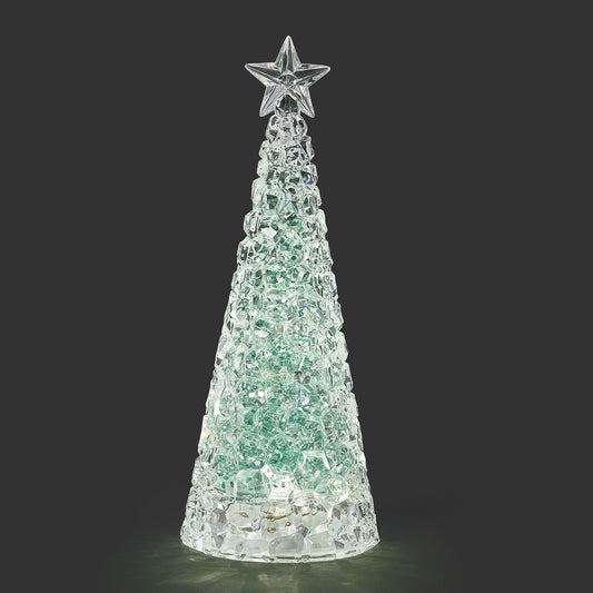 LIGHTED SWIRL TREE WITH SILVER/GREEN GLITTER
