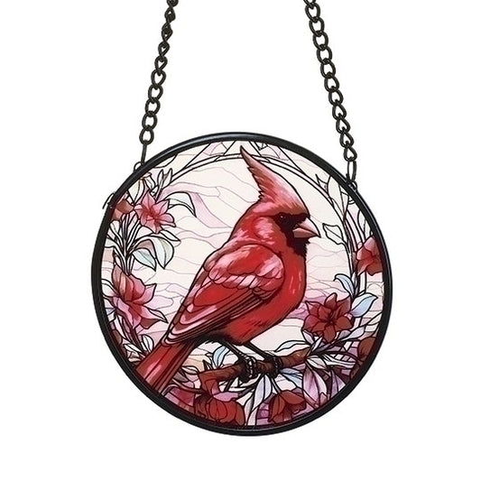 CARDINAL STAIN GLASS ROUND ORNAMENT WITH POINSETTIA