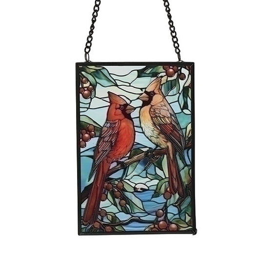 CARDINALS STAIN GLASS ORNAMENT WITH HOLLY BERRIES