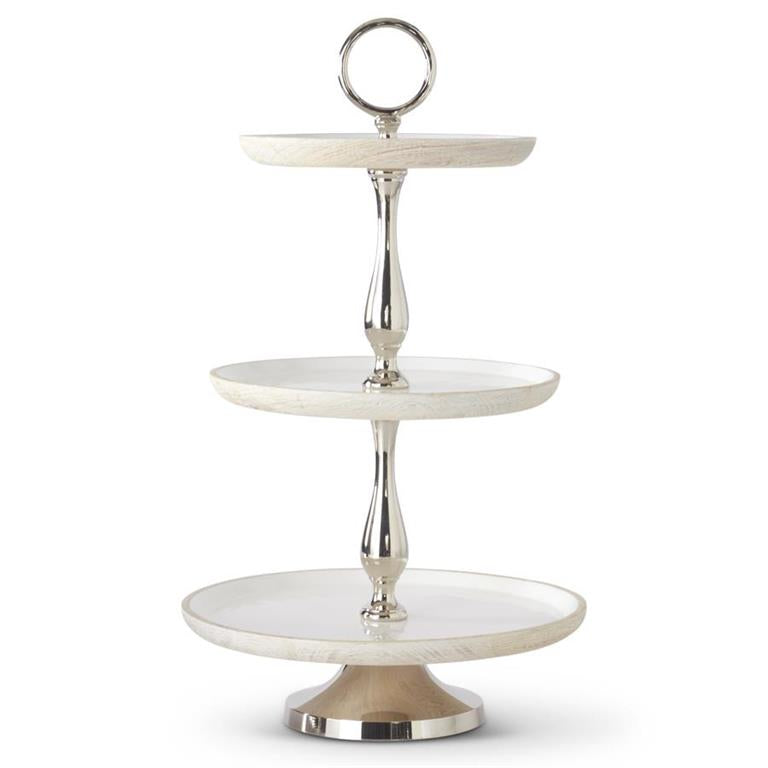 24in. Whitewashed Wood and Enamel 3 Teir Stand