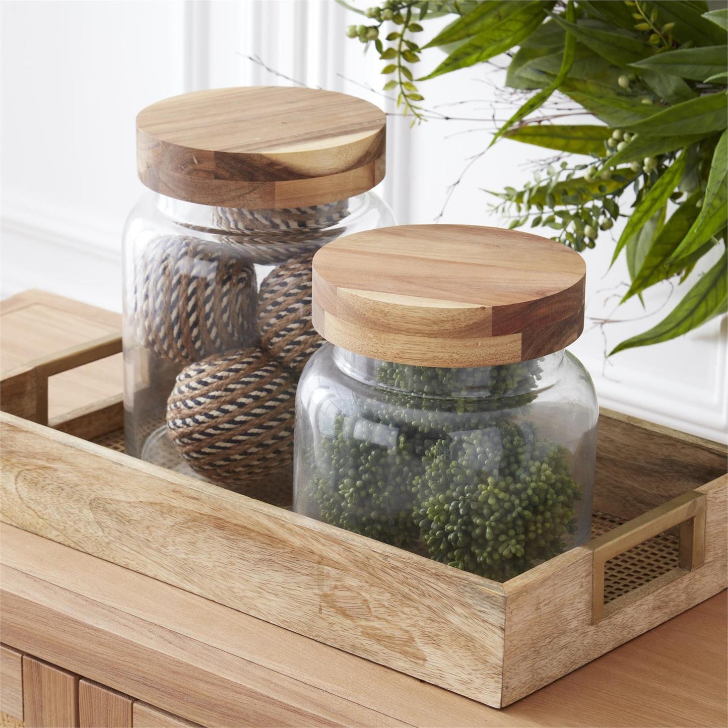 Natural Wood Tray with Gold Mesh