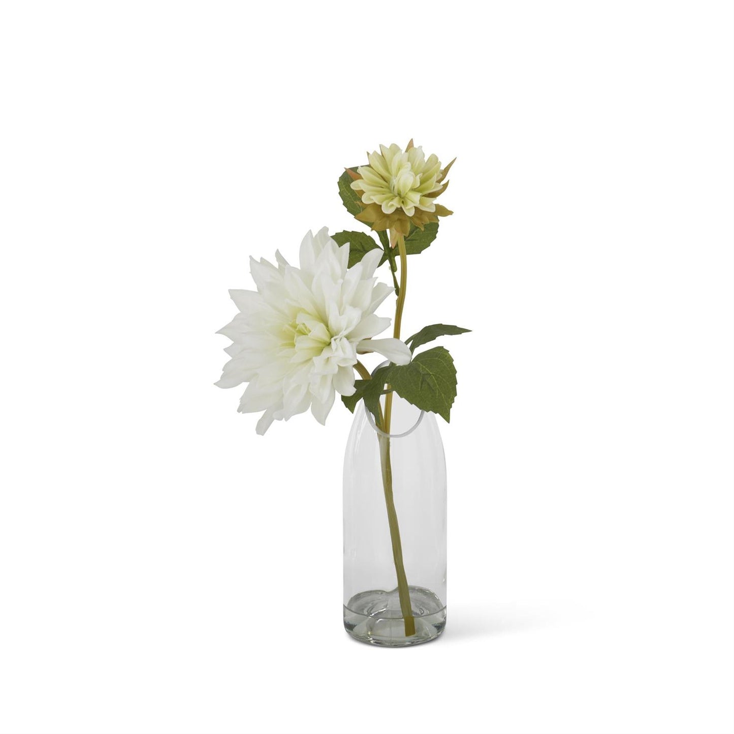 16 Inch White Real Touch 2 Bloom Dahlia Glass Vase Premade w/Faux Water
