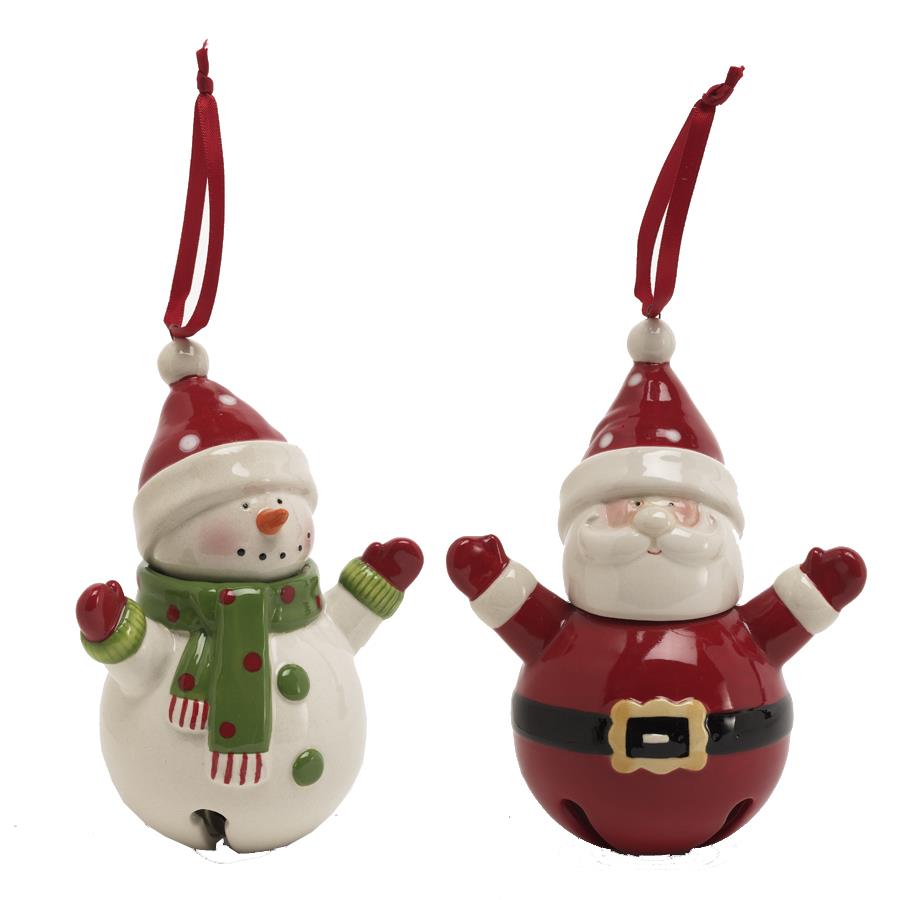 Snowman & Santa w/Arms Up Bell Ornaments