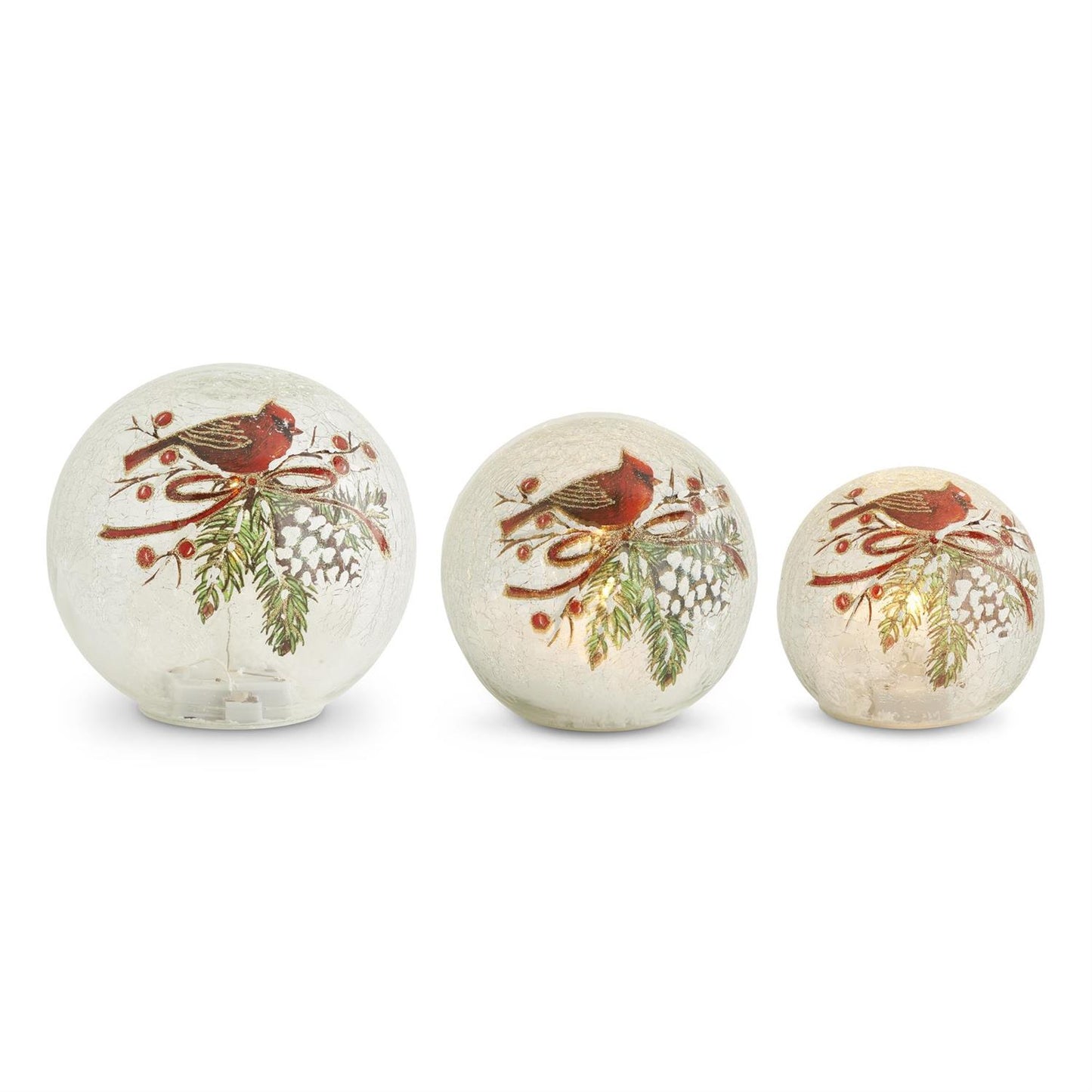Round Clear Glass LED Cardinal & Pinecone Globe w/Timer
