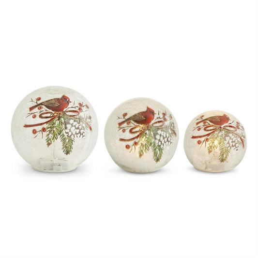 Round Clear Glass LED Cardinal & Pinecone Globe w/Timer