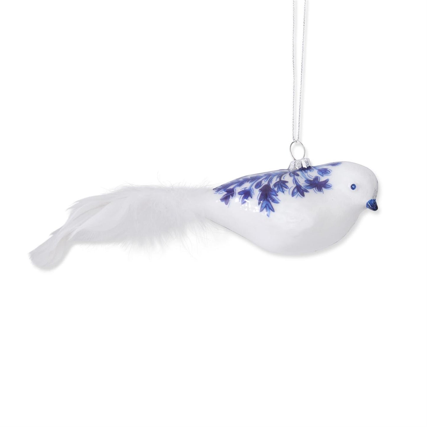 Blue & White Glass Bird Ornaments w/Feather Tails