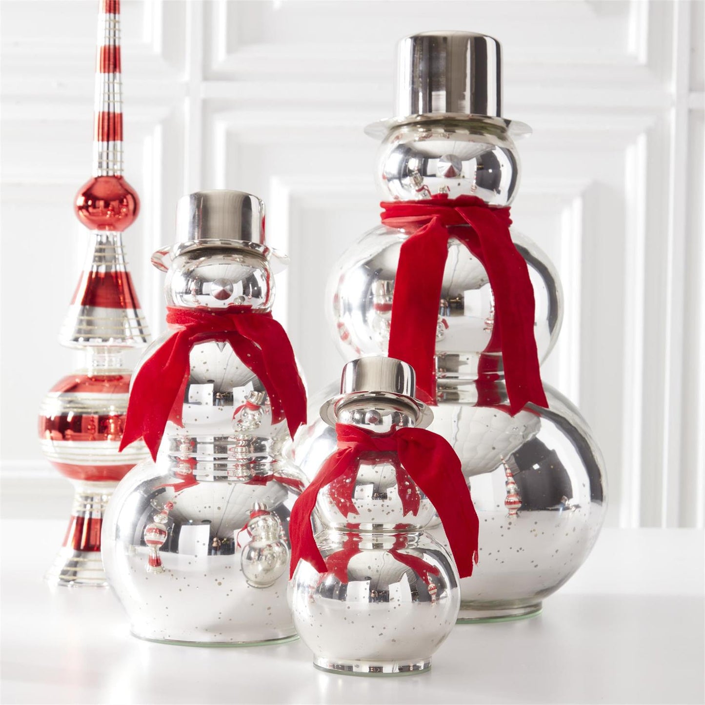 Silver Mercury Glass Snowmen w/Red Scarf & Top Hat