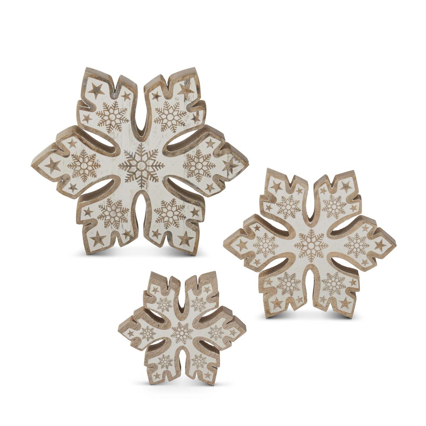 Mango Wood Snowflakes w/White Embossed Centers