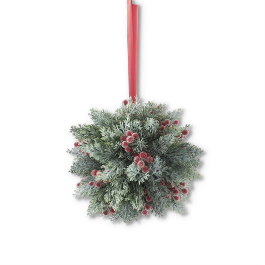 Icy Red Berry & Pine Ball w/ Ribbon Hanger