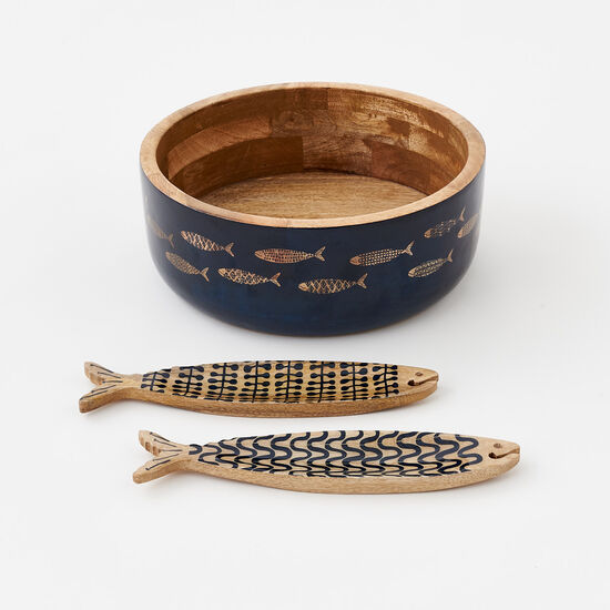 School of Fish Bowl w/ Carved Serving Utensils