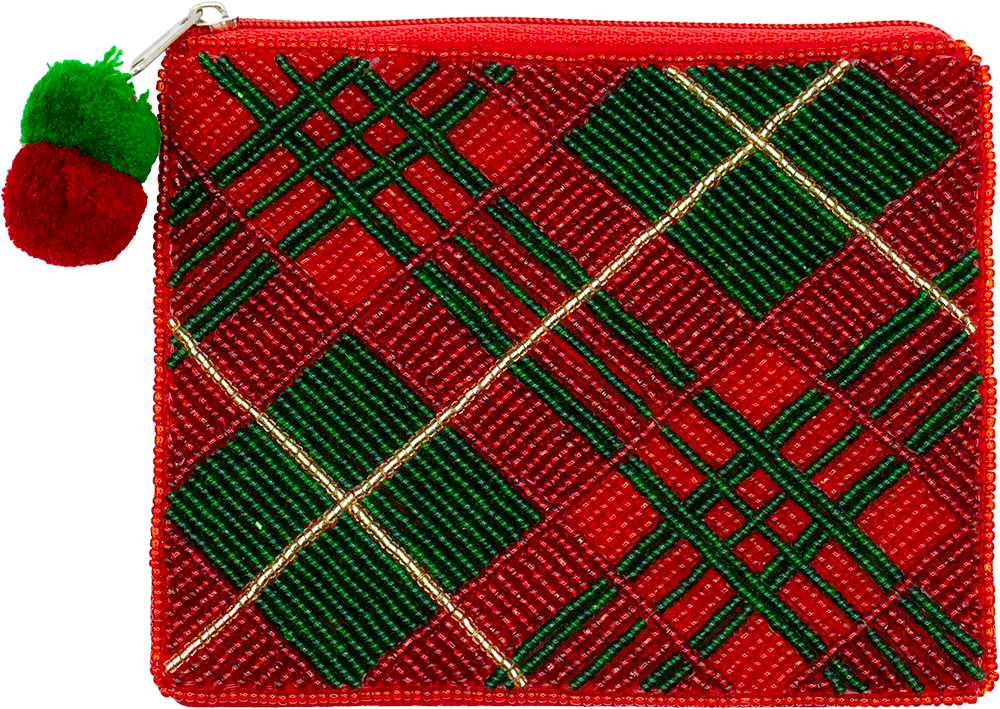 Christmas Plaid Beaded Coin Pouch