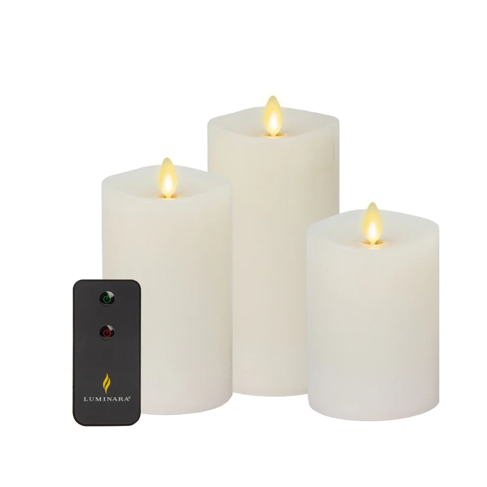 Set of 3 White Wax Luminara Pillar Candles w/2 Button Remote