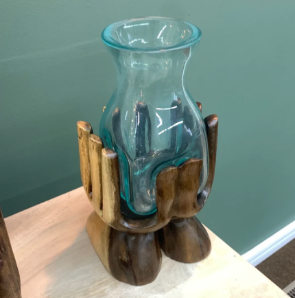 Blown Glass Vase in Teak Hands