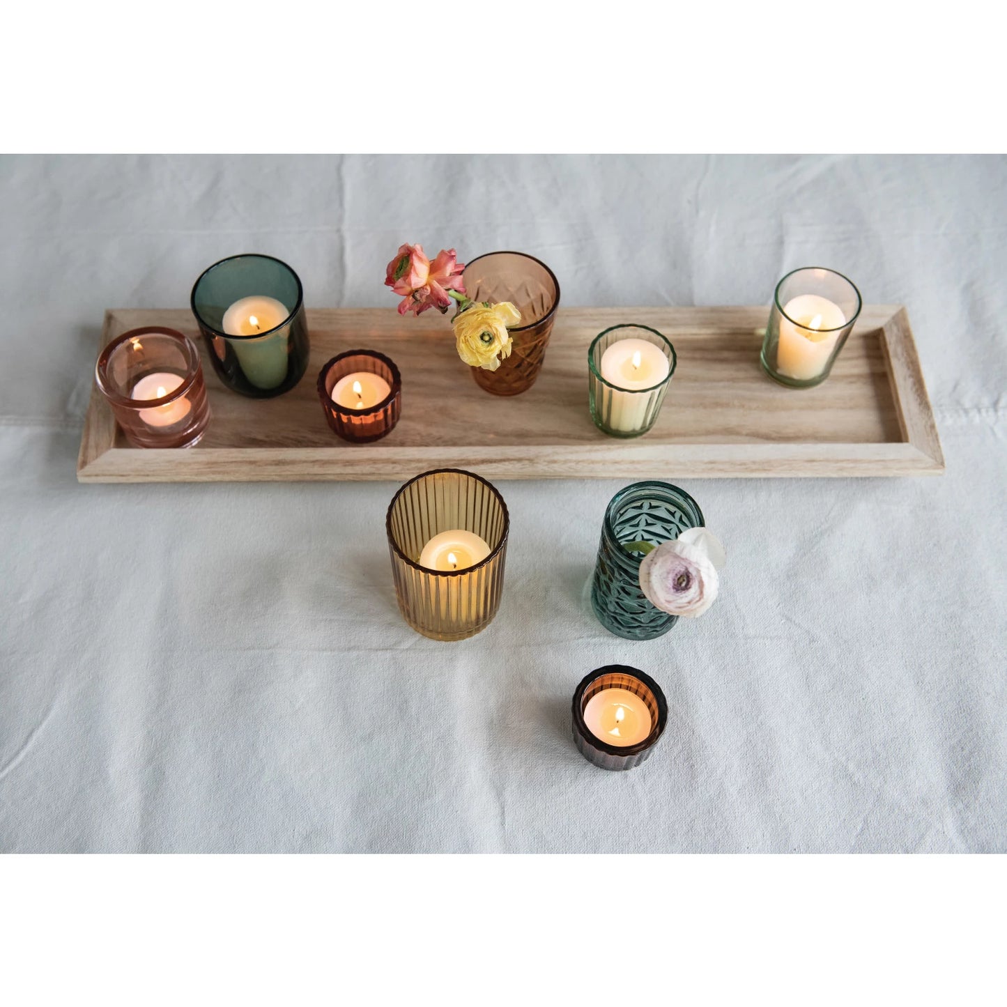 Embossed Glass Votive Holders with Tray/ 10 Pc Set