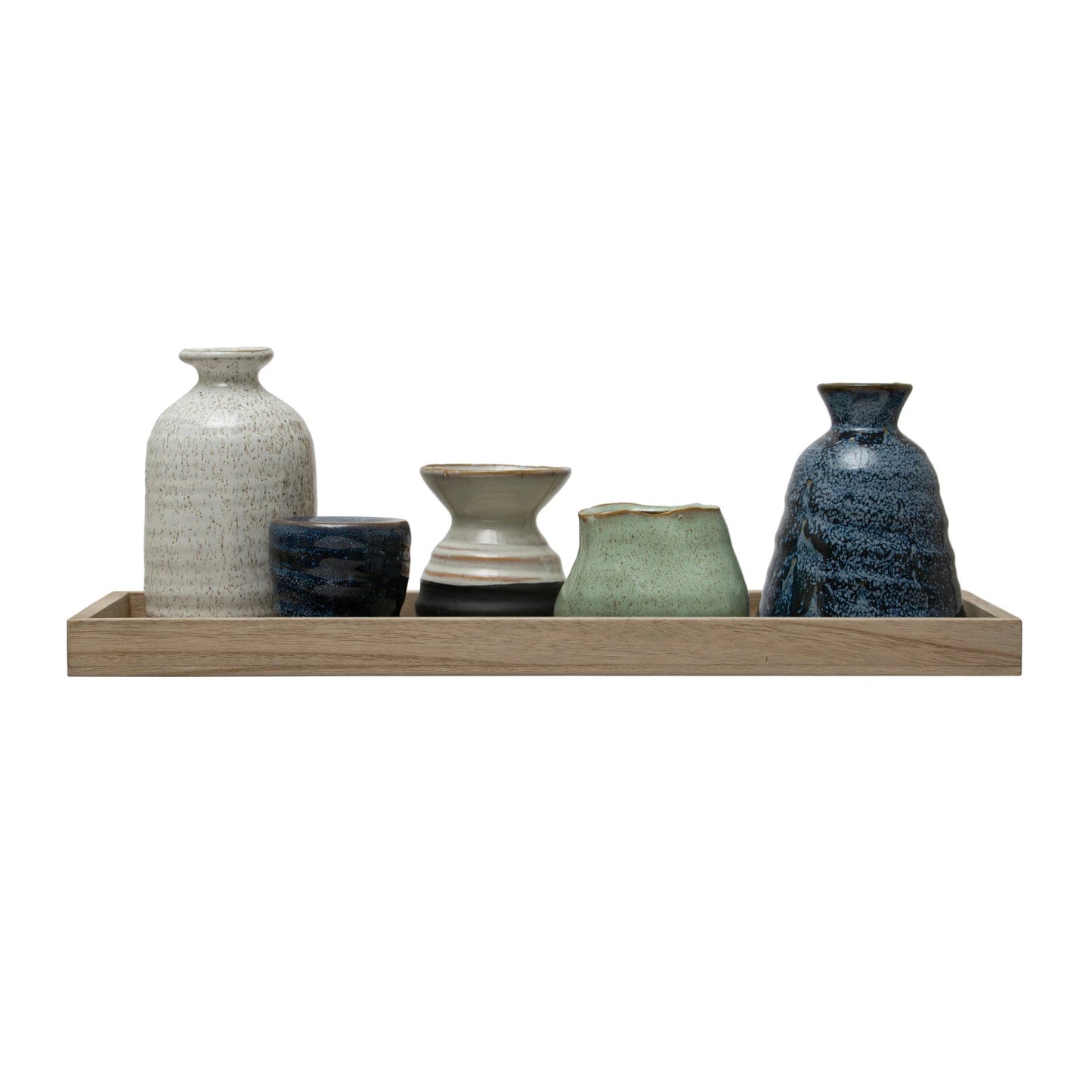 Mango Wood Tray with 1 Taper Holder and 4 Vases/ Set of 6