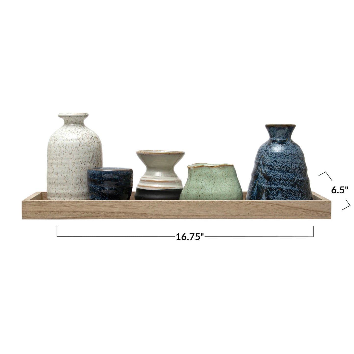 Mango Wood Tray with 1 Taper Holder and 4 Vases/ Set of 6