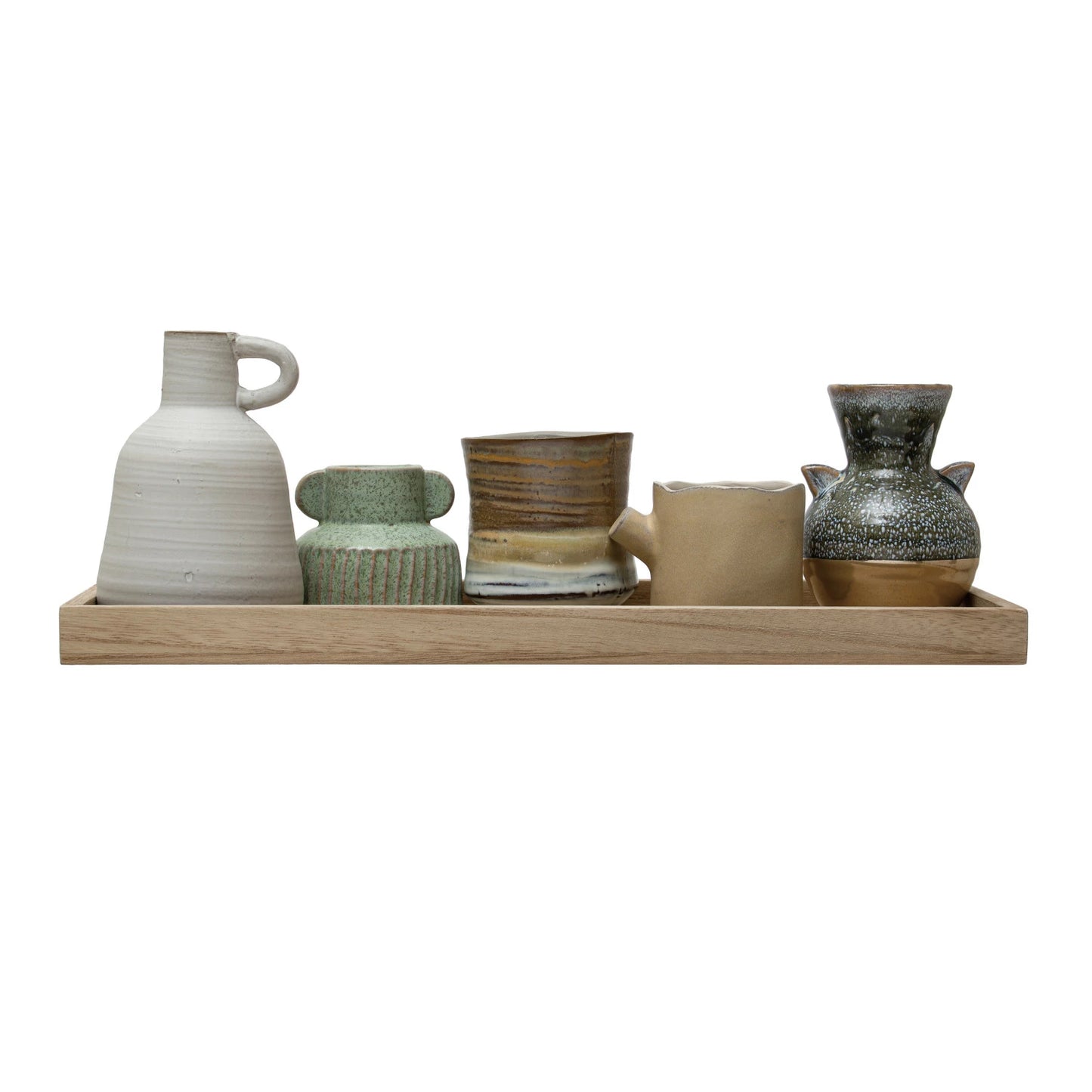 Mango Wood Tray with 3 Vases and 2 Planters/ Set of 6