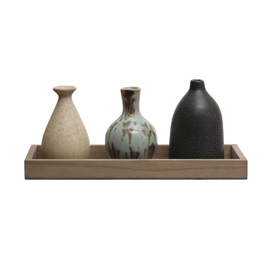 Wood Tray w/ 3 Stoneware Vases / Set of 4