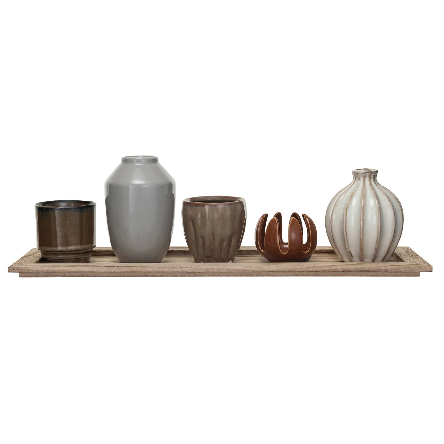 Wood Tray w/ 5 Stoneware Vases Set of 6