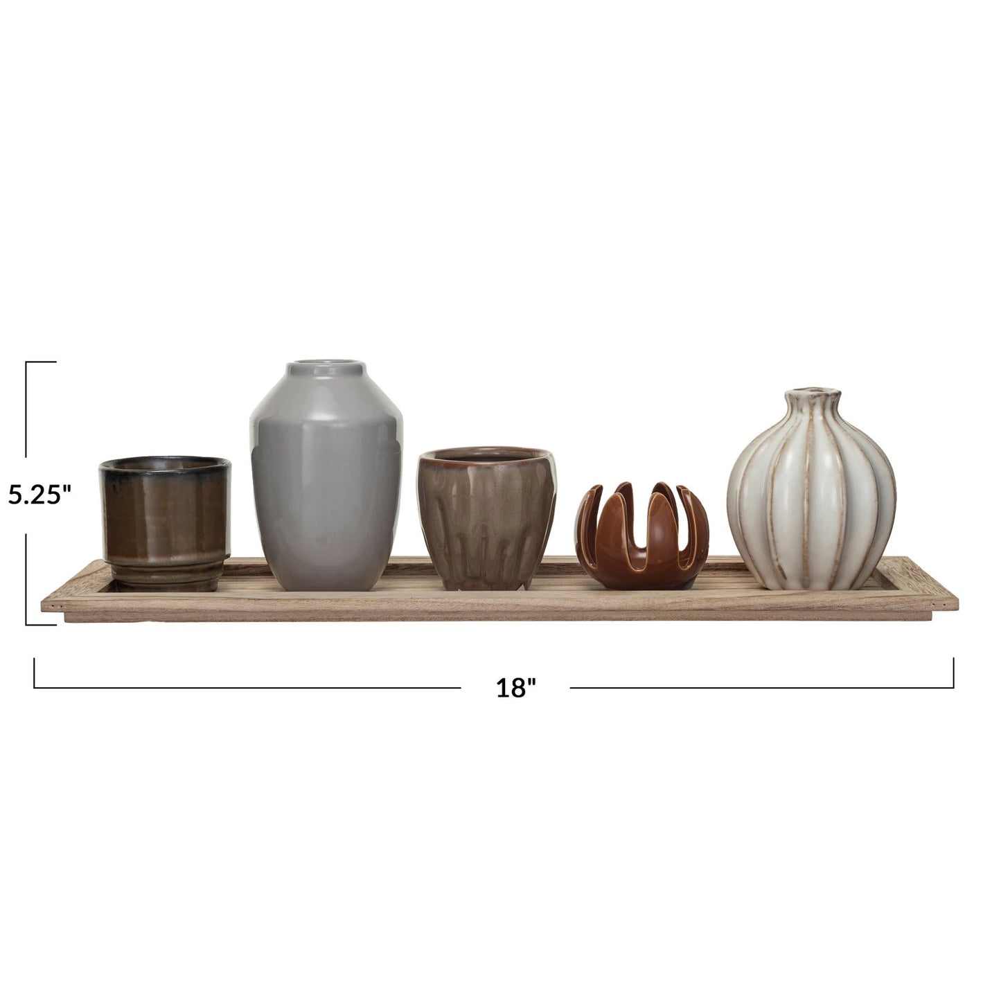 Wood Tray w/ 5 Stoneware Vases Set of 6