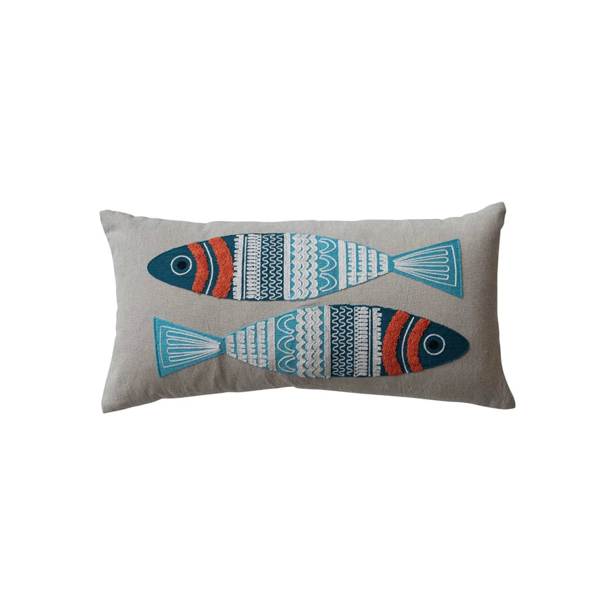 Chambray Lumbar Pillow w/ Fish