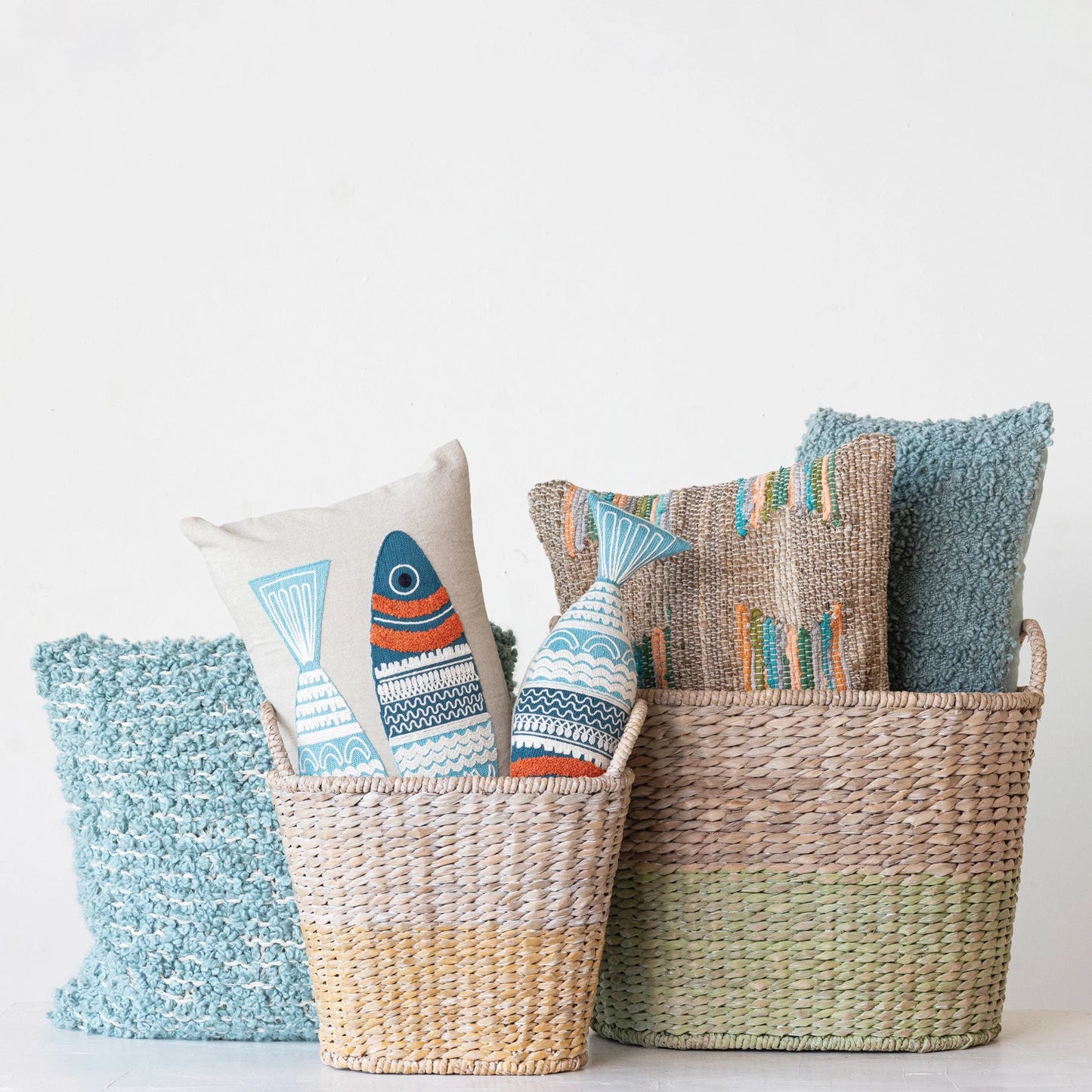 Chambray Lumbar Pillow w/ Fish