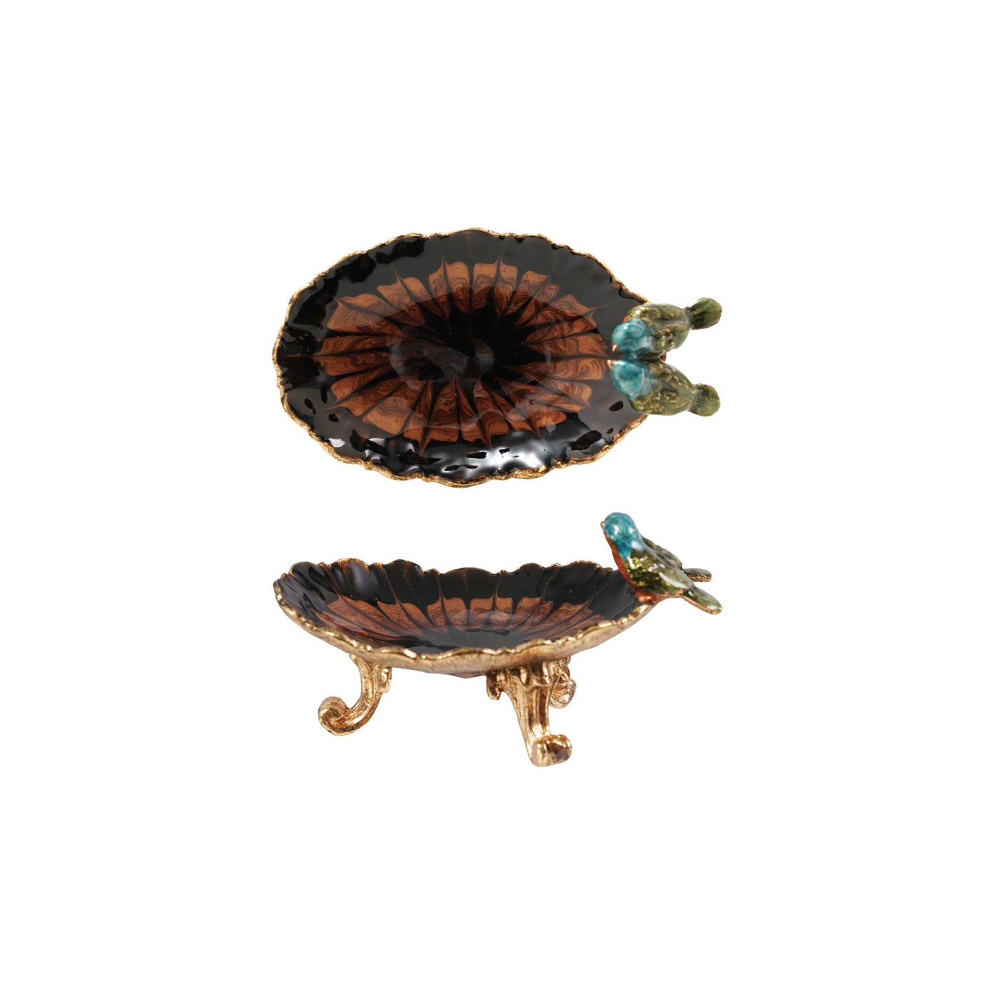 Footed Jewelry Dish w/ 3D Birds, Gold Finish & Multi Color