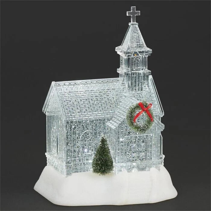 Lighted Swirl Church with Green Wreath and Tree
