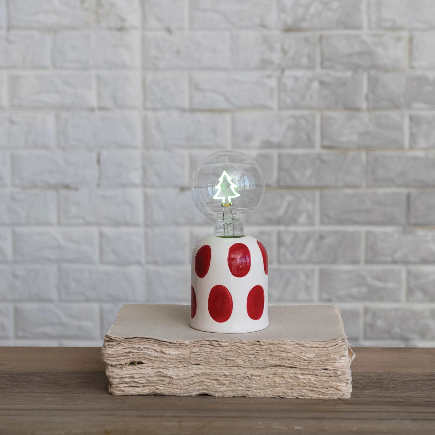 Stoneware Lamp w/ LED Tree Shaped Filament Lightbulb, Red & White