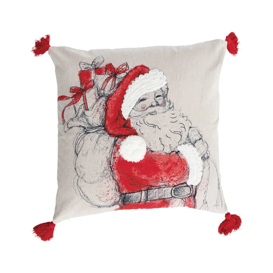 20" Square Pillow with Embroidered Santa, Tufting, Pom Poms & Tassels