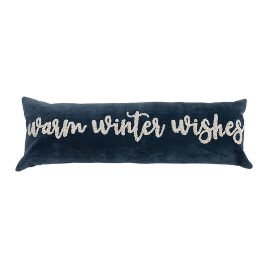 Woven Cotton Velvet Lumbar Pillow with Embroidered "Warm Winter Wishes"