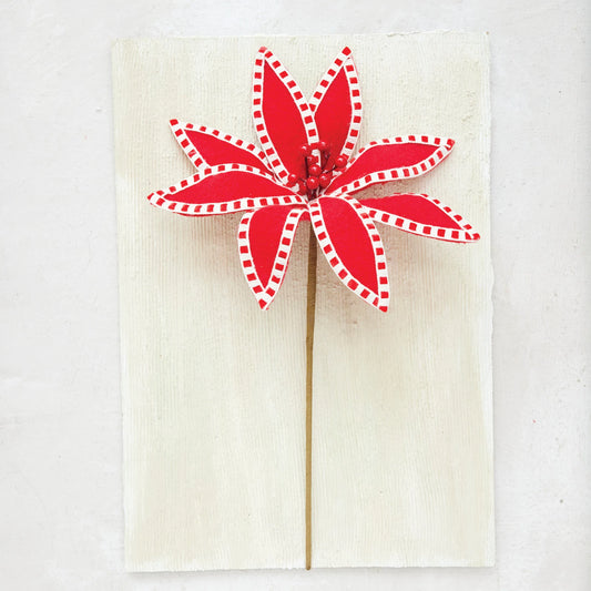 15"H Fabric Poinsettia Pick with Stitching, Red & Cream Color