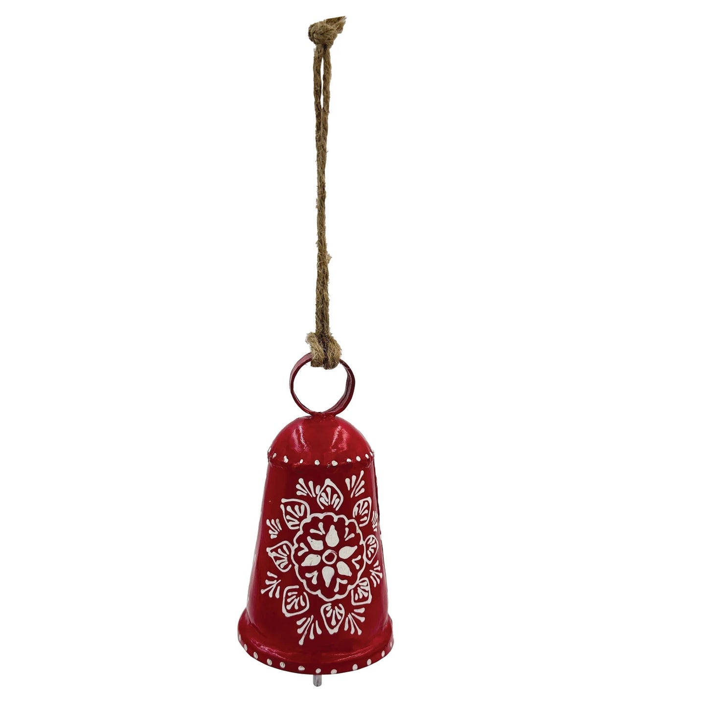 5"H Hand-Painted Metal Bell Ornament with Design, Red & White
