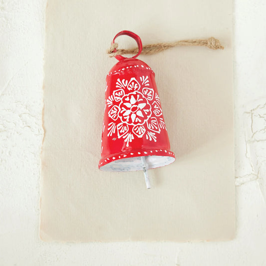 5"H Hand-Painted Metal Bell Ornament with Design, Red & White