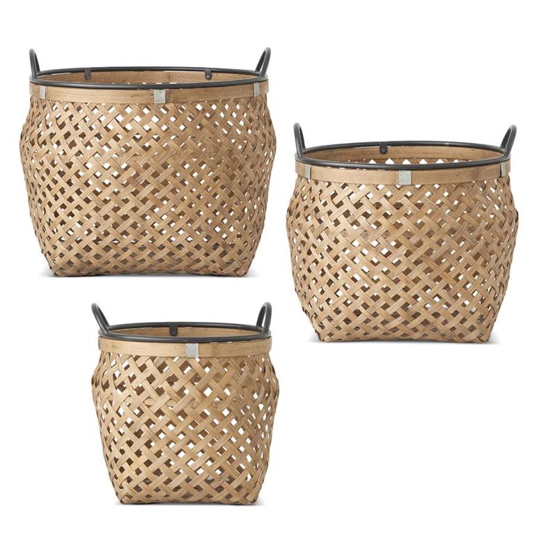 Round Bamboo Weave Basket w/ Metal Trim and Handles