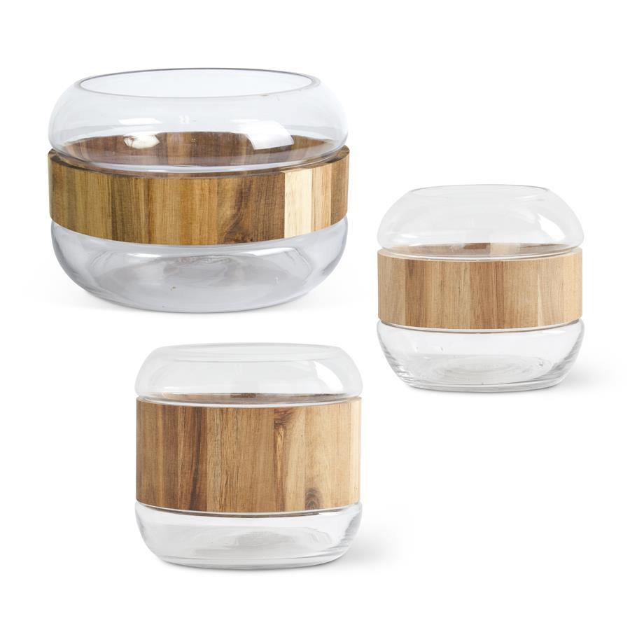 Round Clear Glass Vases w/ Thick Center Acacia Wood Ring