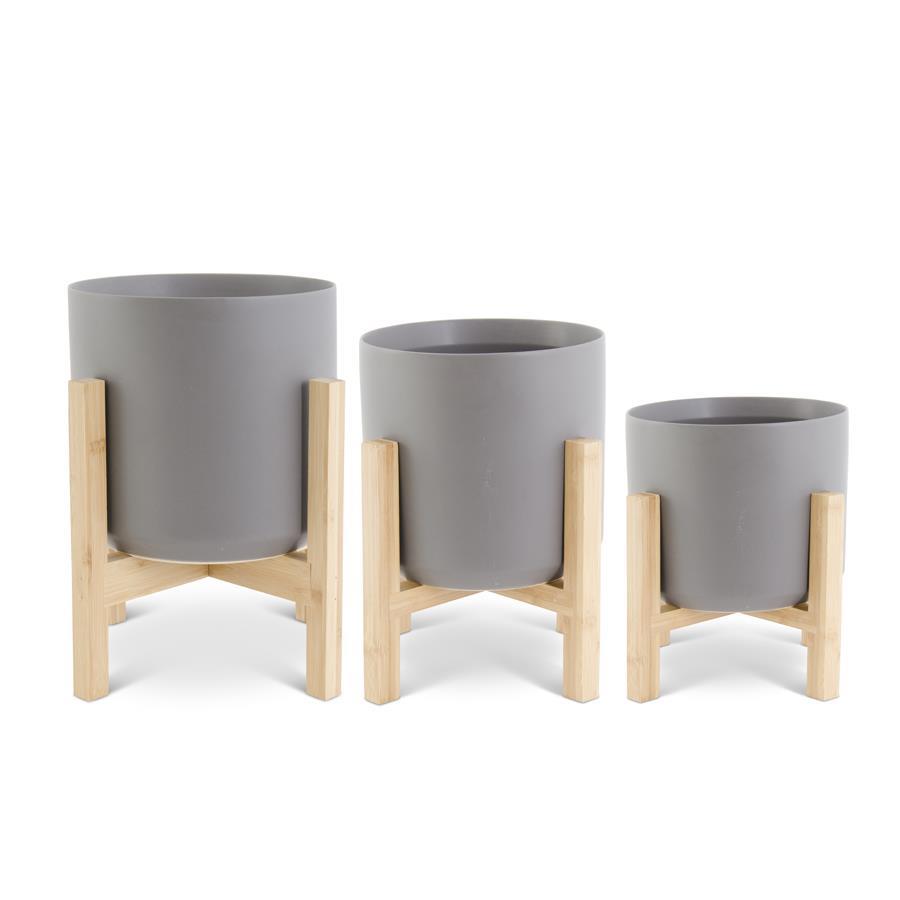 Grey Ceramic Pot on Bamboo Stand