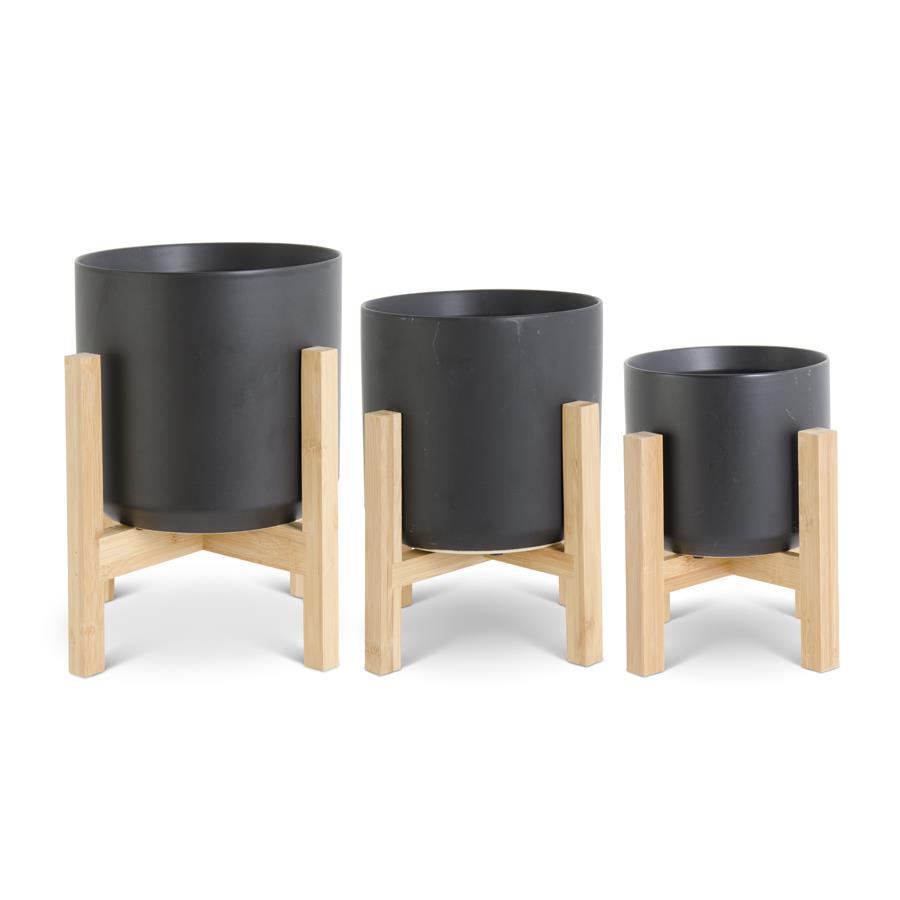 Black Ceramic Pot on Bamboo Stand