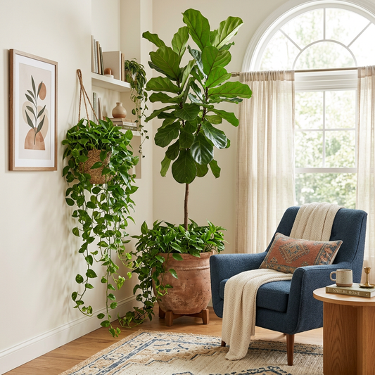 Large planter with a tall houseplant styled in a living room corner beside a chair.