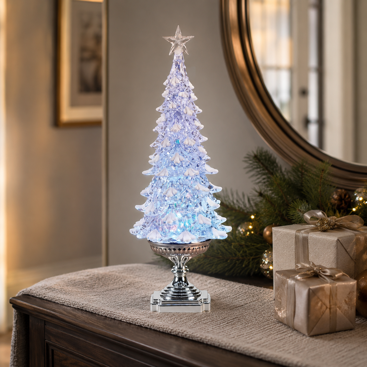 Lighted White Tree Rotating Lights