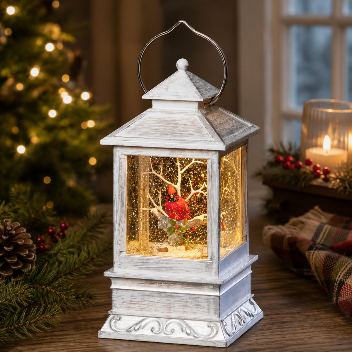 Lighted Swirl Cardinal in Tree Lantern