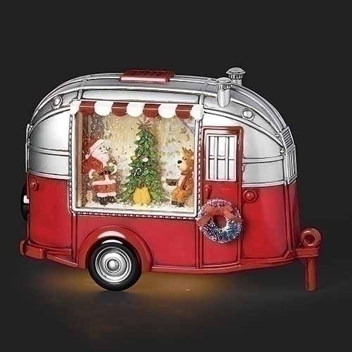 Lighted Swirl Camper Santa & Reindeer Snow Globe