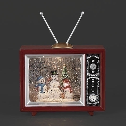 LIGHTED SWIRL SNOWMAN TV WITH SNOWY PRINTED BACKGROUND