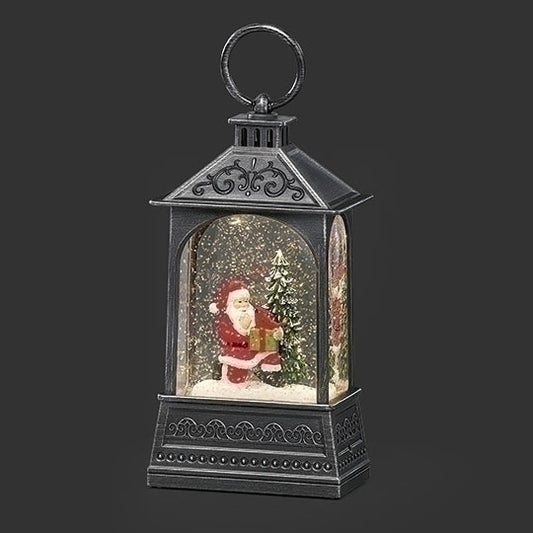 LIGHTED SWIRL SANTA W/ CARDINAL; BLACK LANTERN