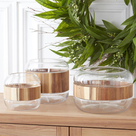 Round Clear Glass Vases w/ Thick Center Acacia Wood Ring