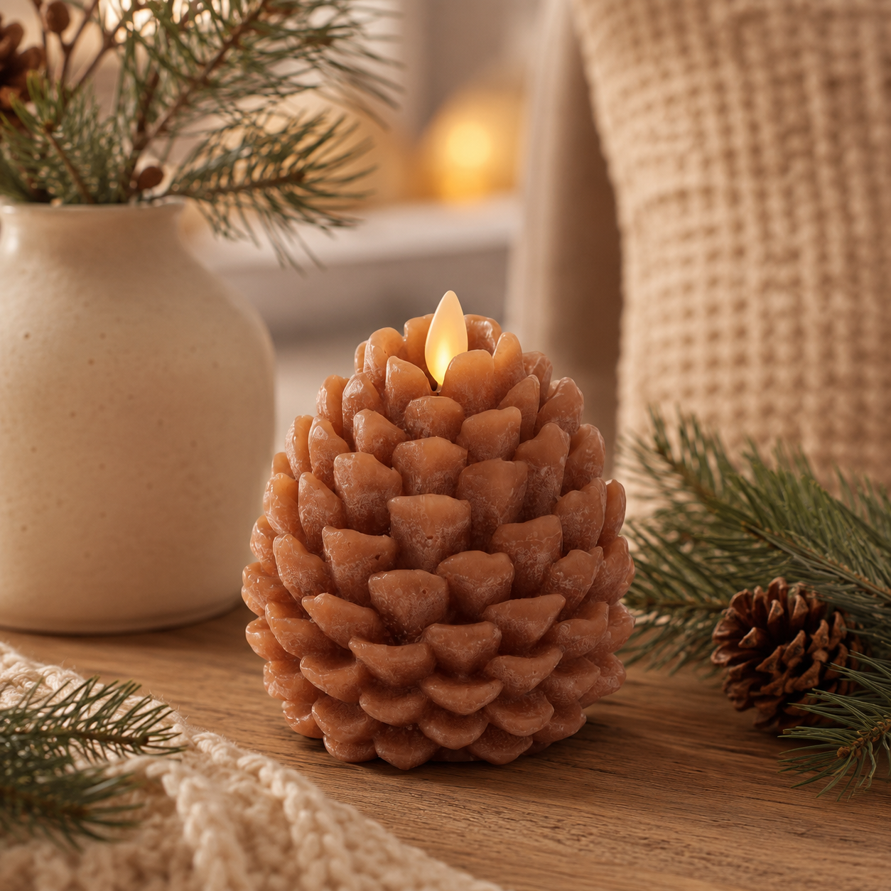 Light Brown Wax Pinecone Luminara Indoor Candle